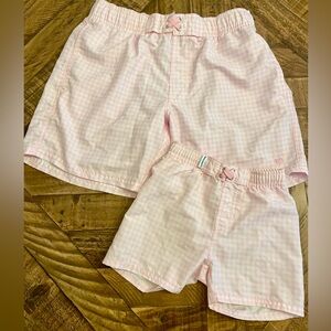 Rugged Ruffle Butts Daddy and son matching swim trunk set in Pink Gingham
